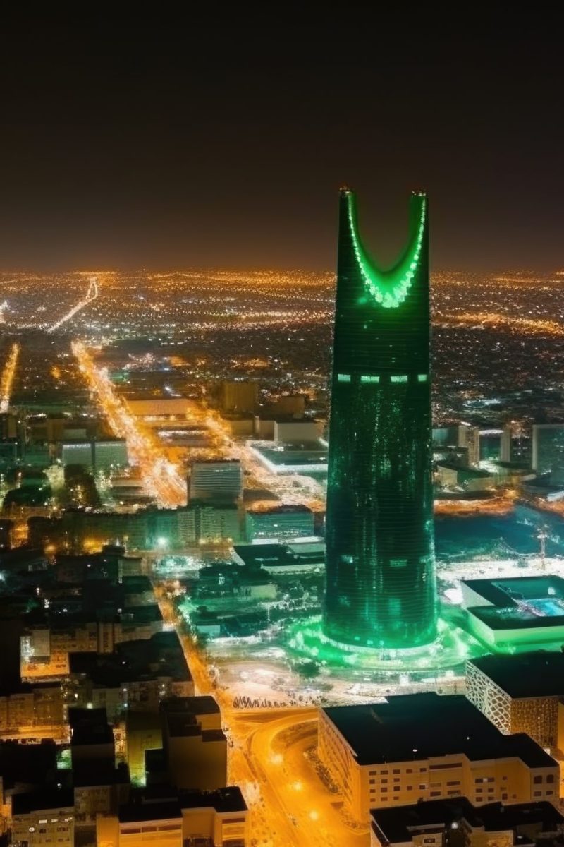 Panoramic Night City Shot of Riyadh Showing Skyline Landmarks, Office and Residential Buildings in South Arabia. Generative AI Technology.