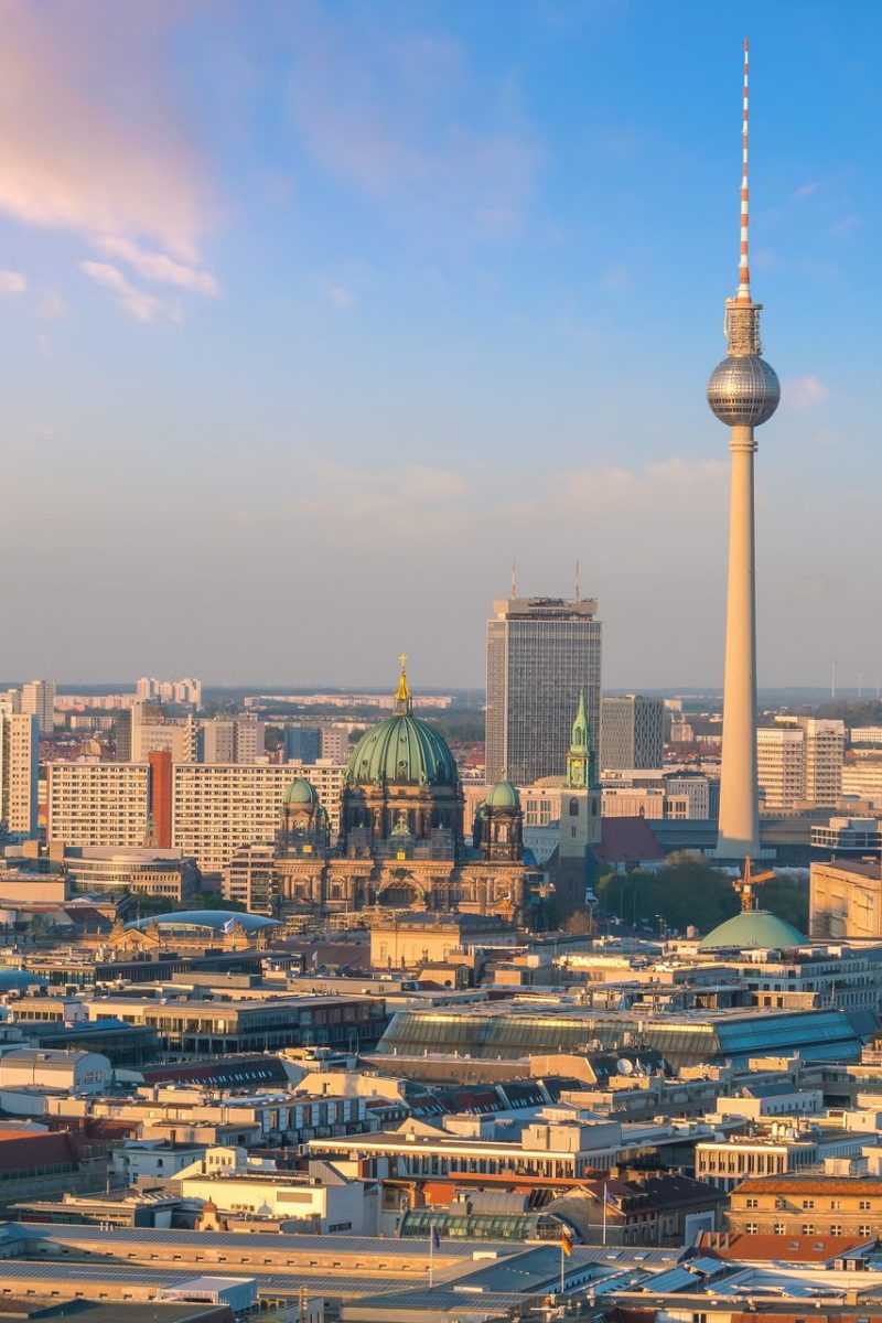 Berlin skyline with Berlin Cathedral (Berliner Dom)  at sunset in  Germany