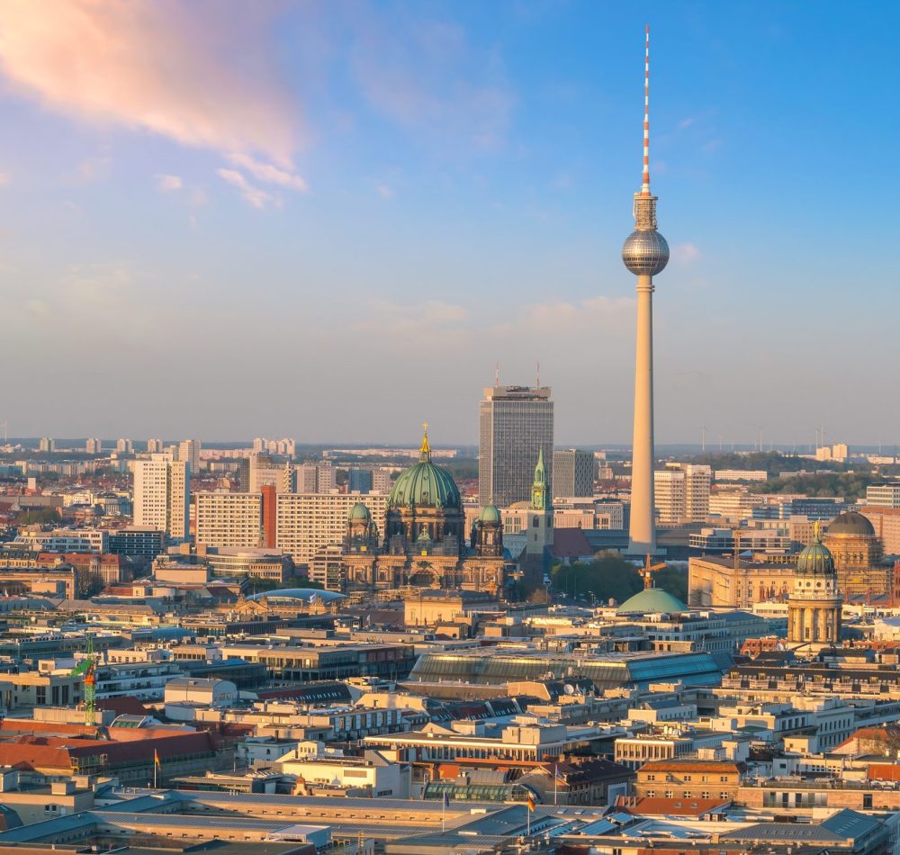 Berlin skyline with Berlin Cathedral (Berliner Dom)  at sunset in  Germany