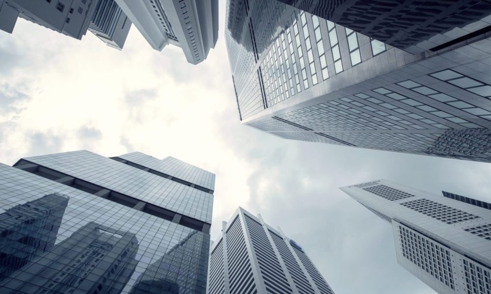 View of modern business skyscrapers glass and sky view landscape of commercial building in central city