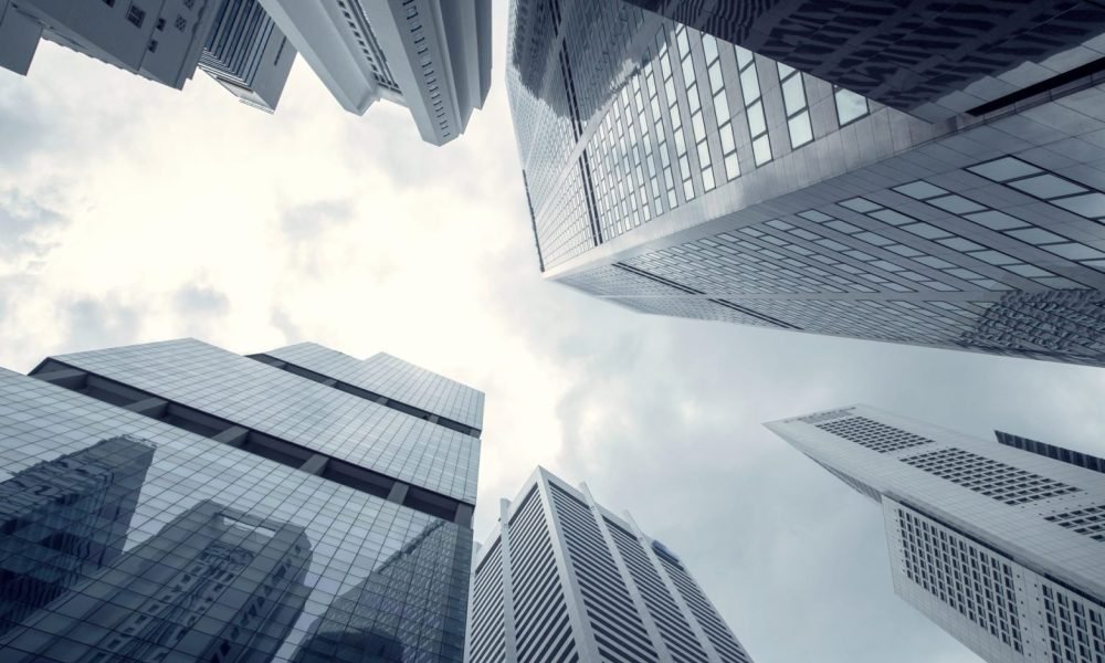 View of modern business skyscrapers glass and sky view landscape of commercial building in central city